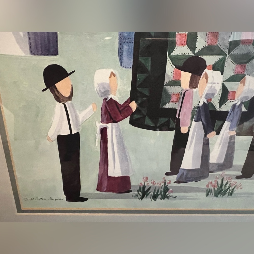 Framed Watercolor Art- Amish Quilting With Cats, Signed by Artist Miller 1994 - Picture 5 of 12